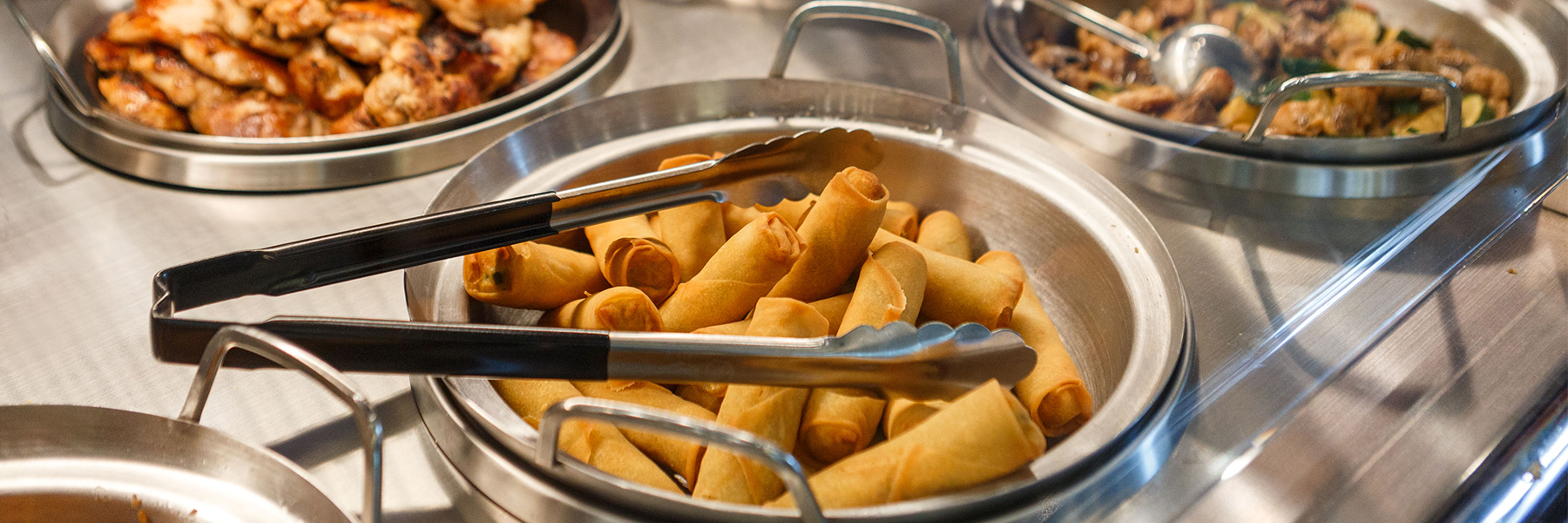 Close up view of egg rolls at the Panda Express in the Campus Center. 
