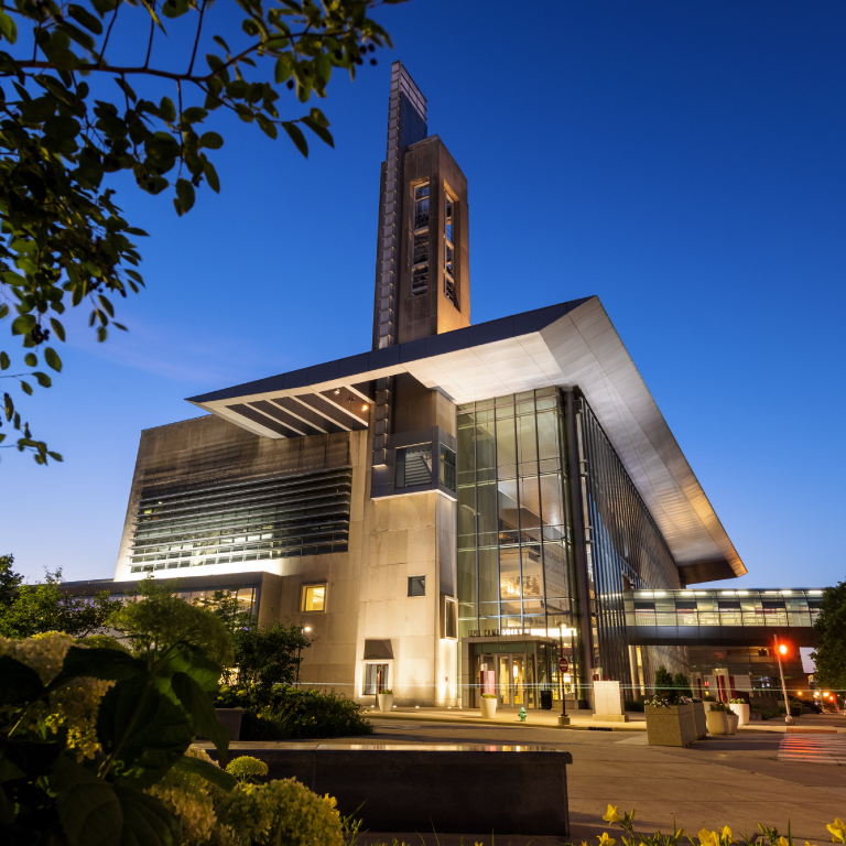 A night photo of the Campus Center.